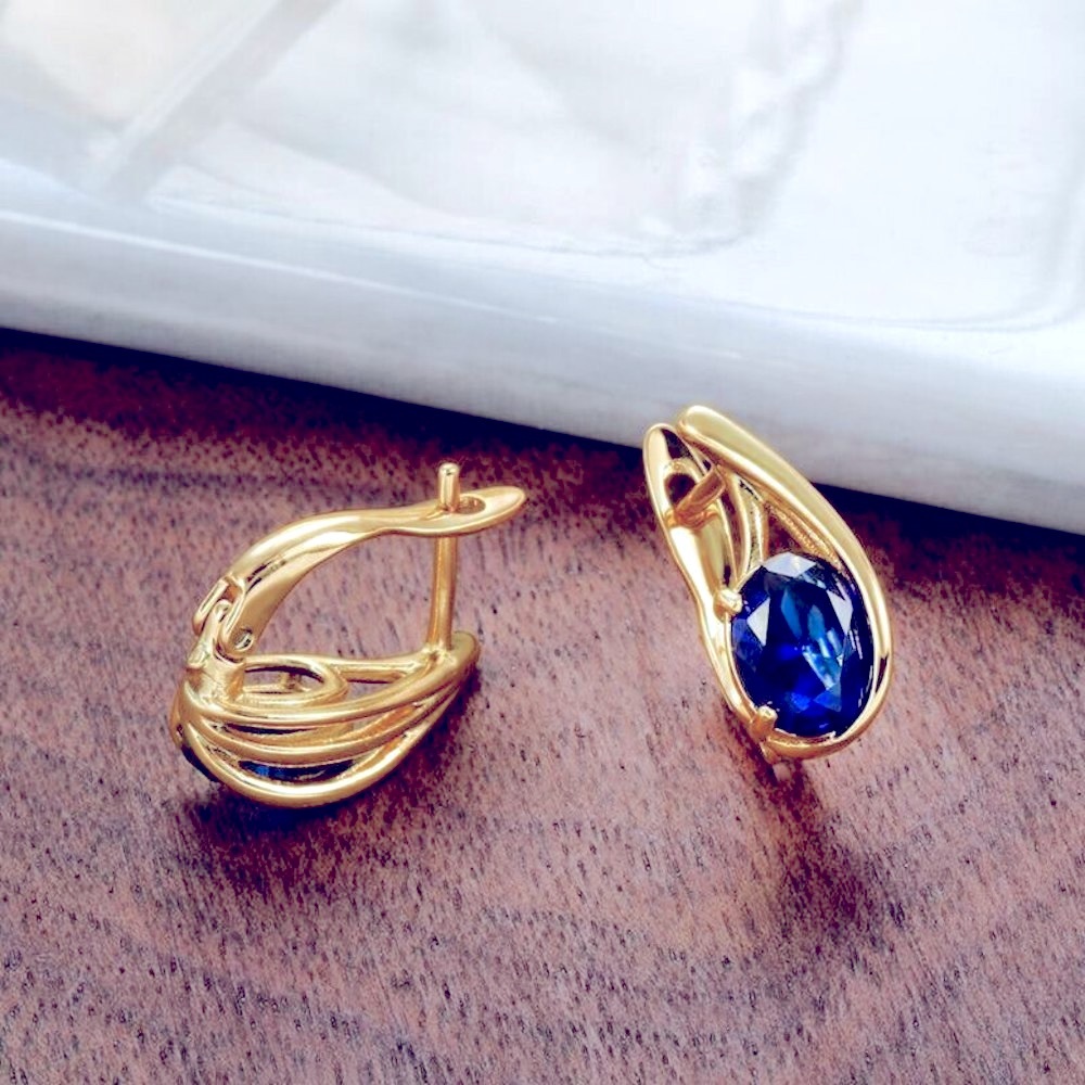 New 18k Gold Over Silver Blue Sapphire Huggie/Studs - Picture 3 of 5